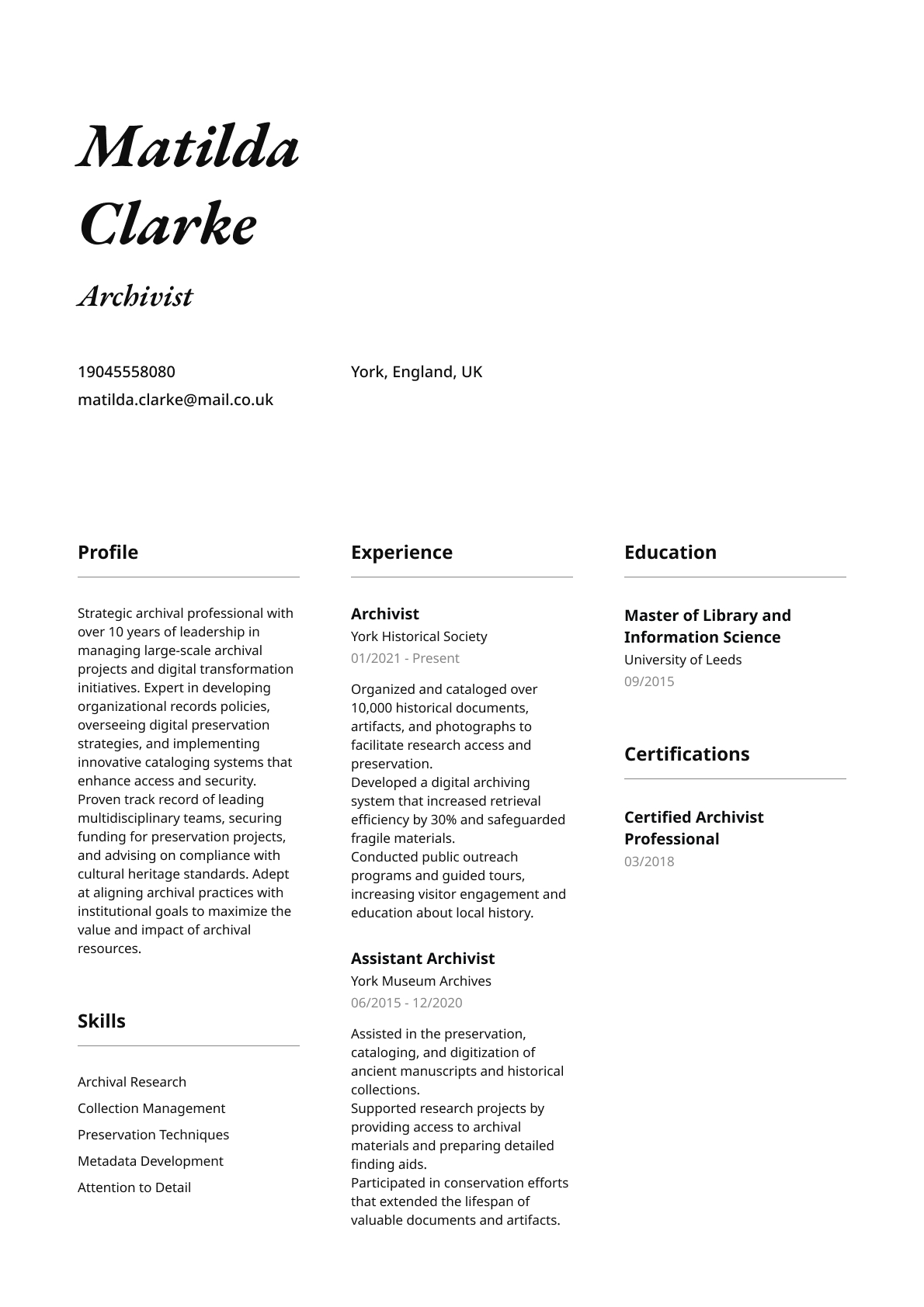 Archivist resume template & examples