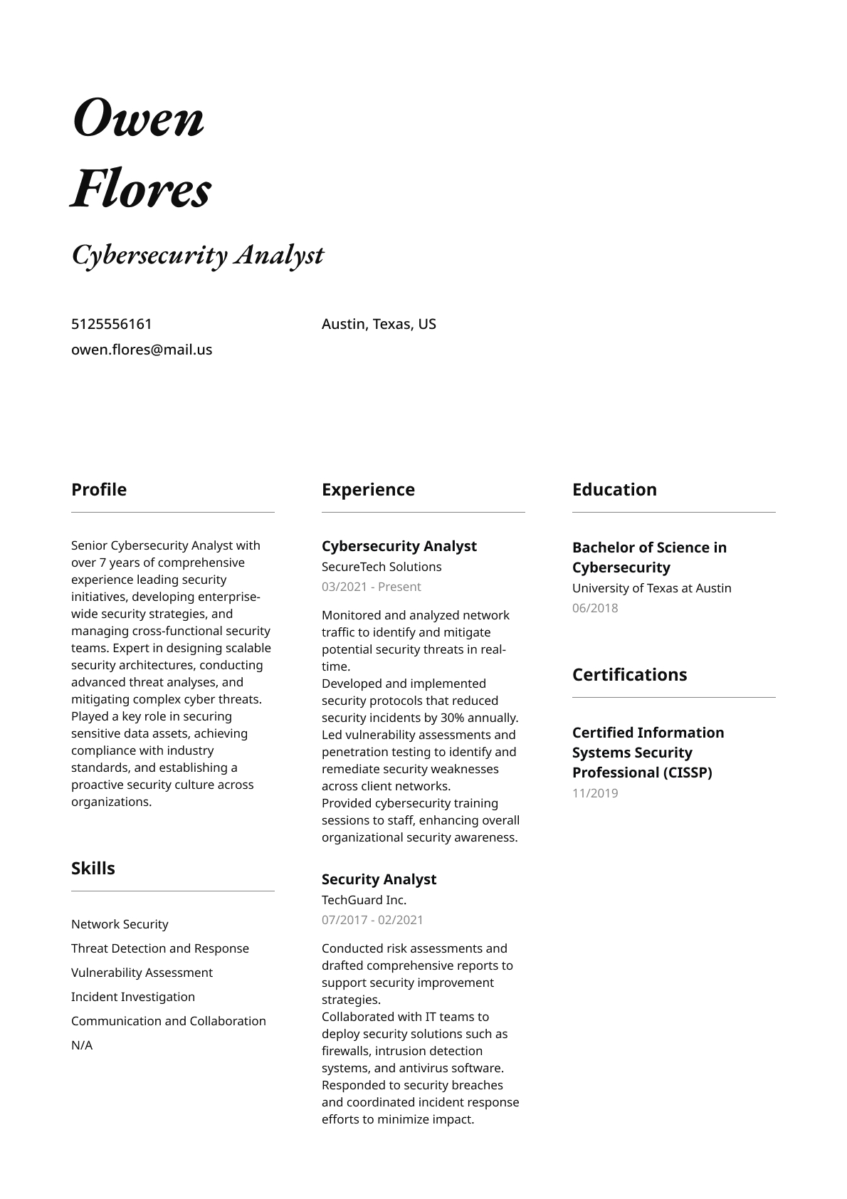 Cybersecurity Analyst resume template & examples