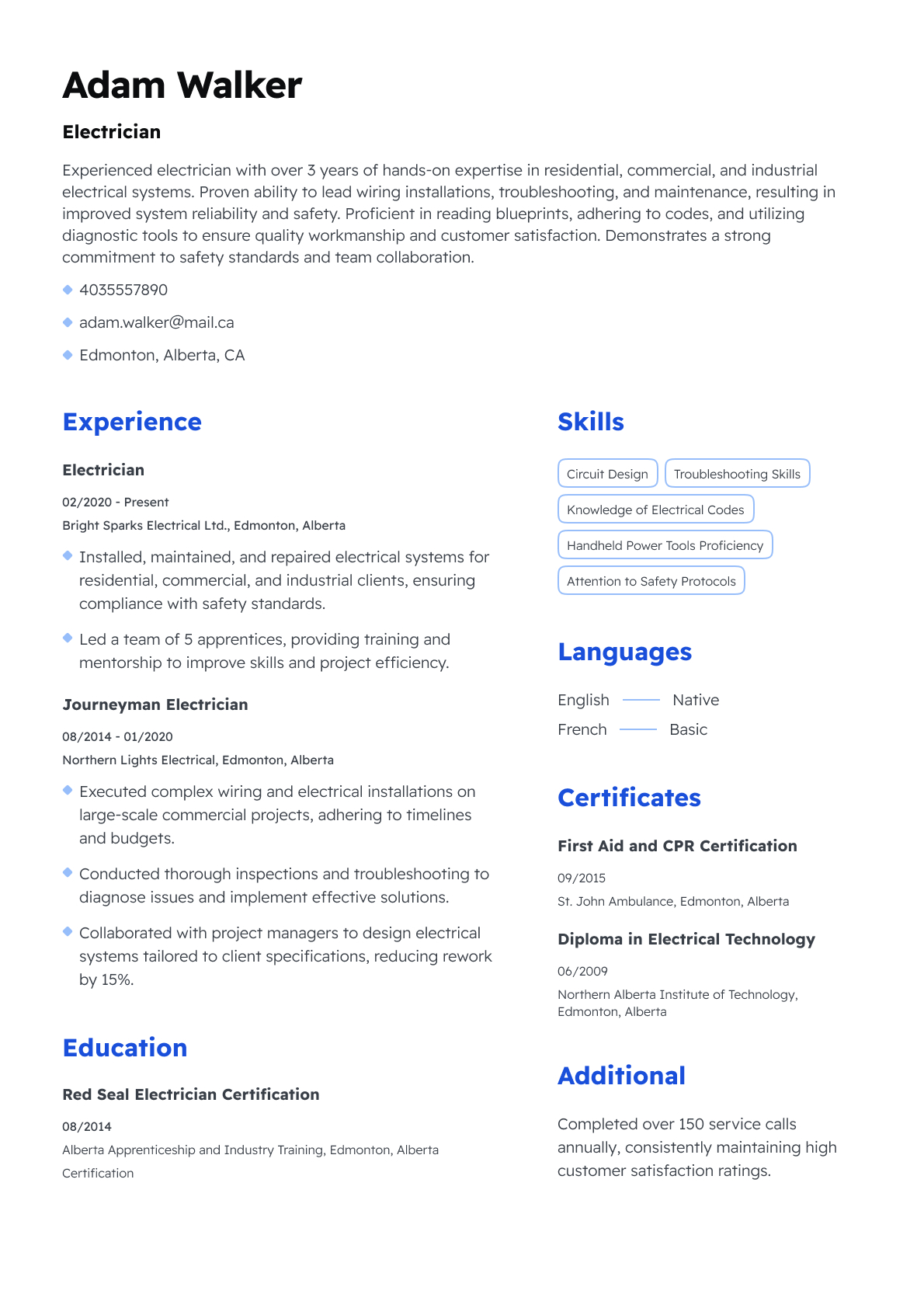 Electrician resume template & examples