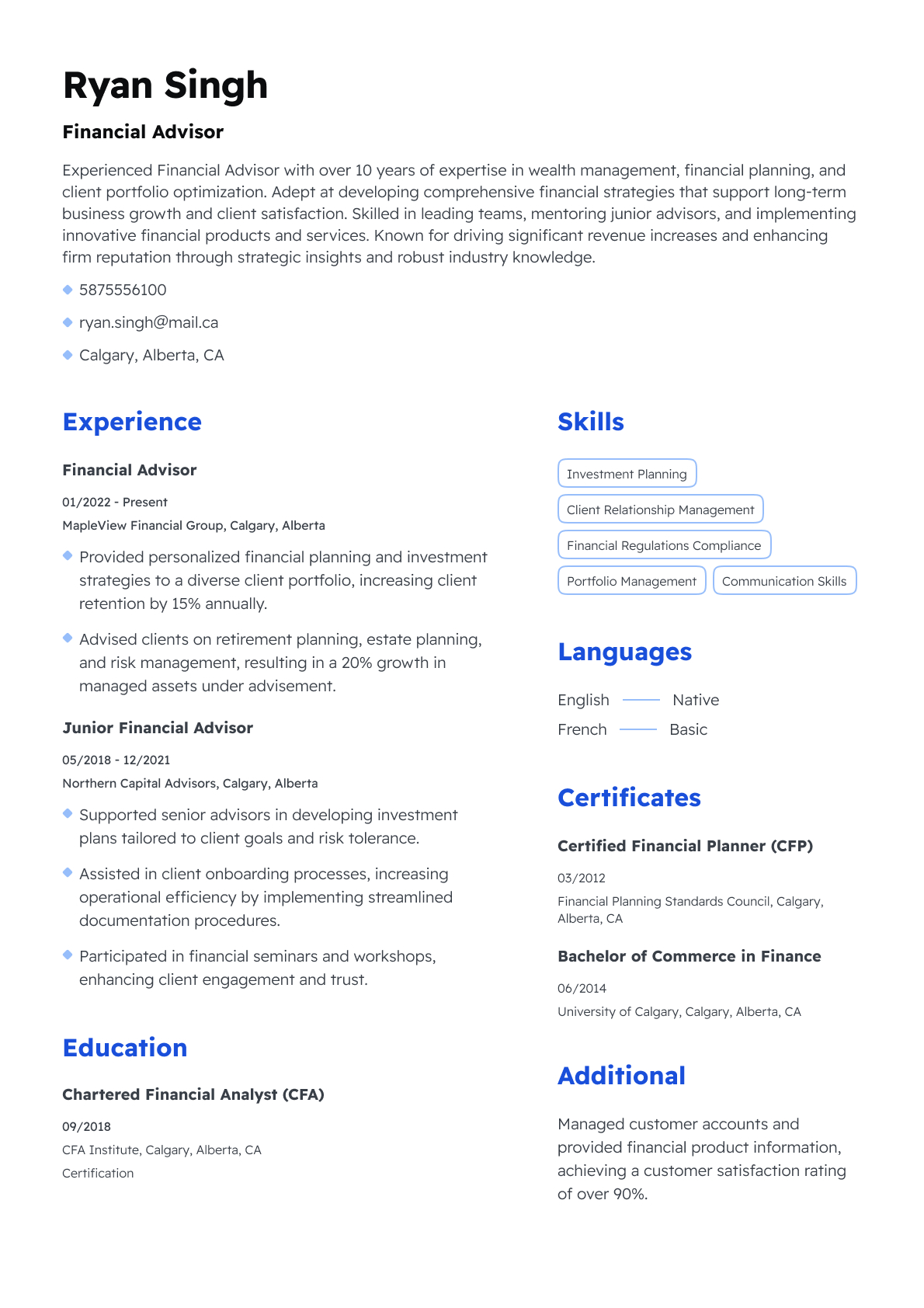 Financial Advisor resume template & examples