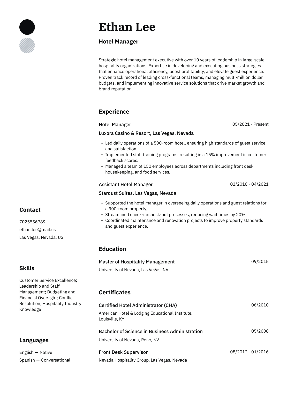 Hotel Manager resume template & examples