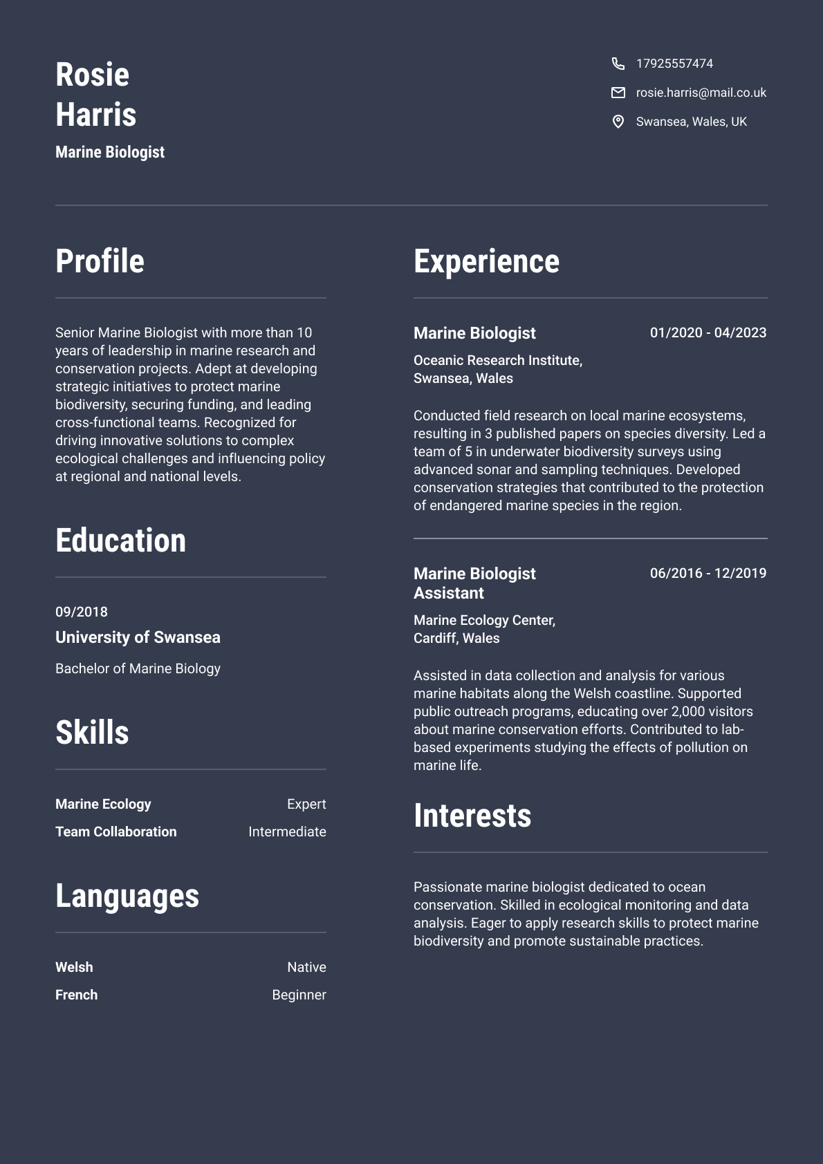 Marine Biologist resume template & examples