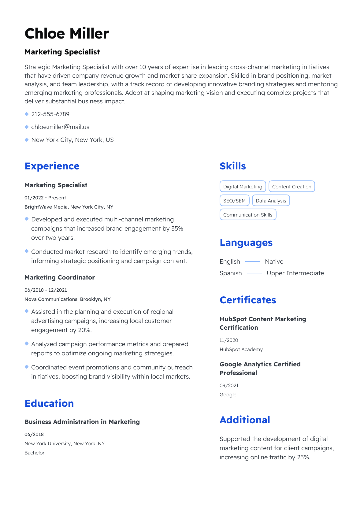 Marketing Specialist resume template & examples