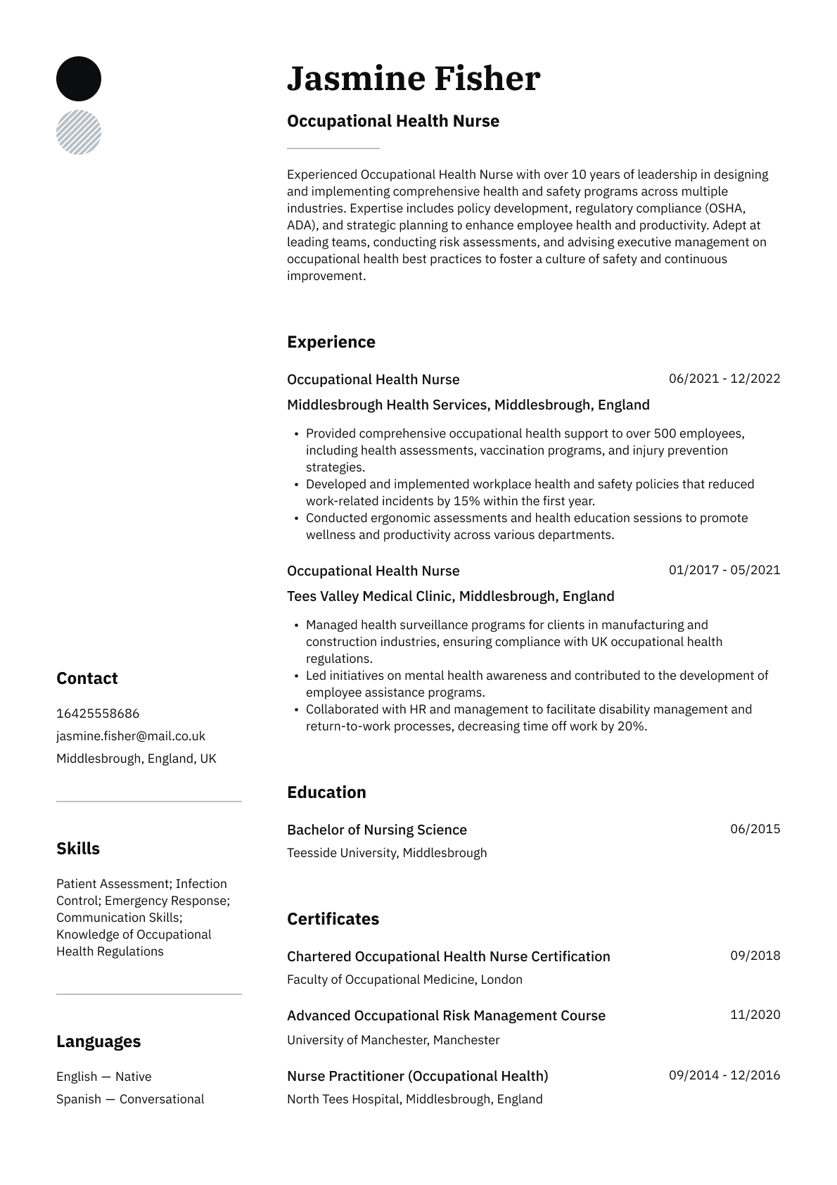 Occupational Health Nurse resume template & examples