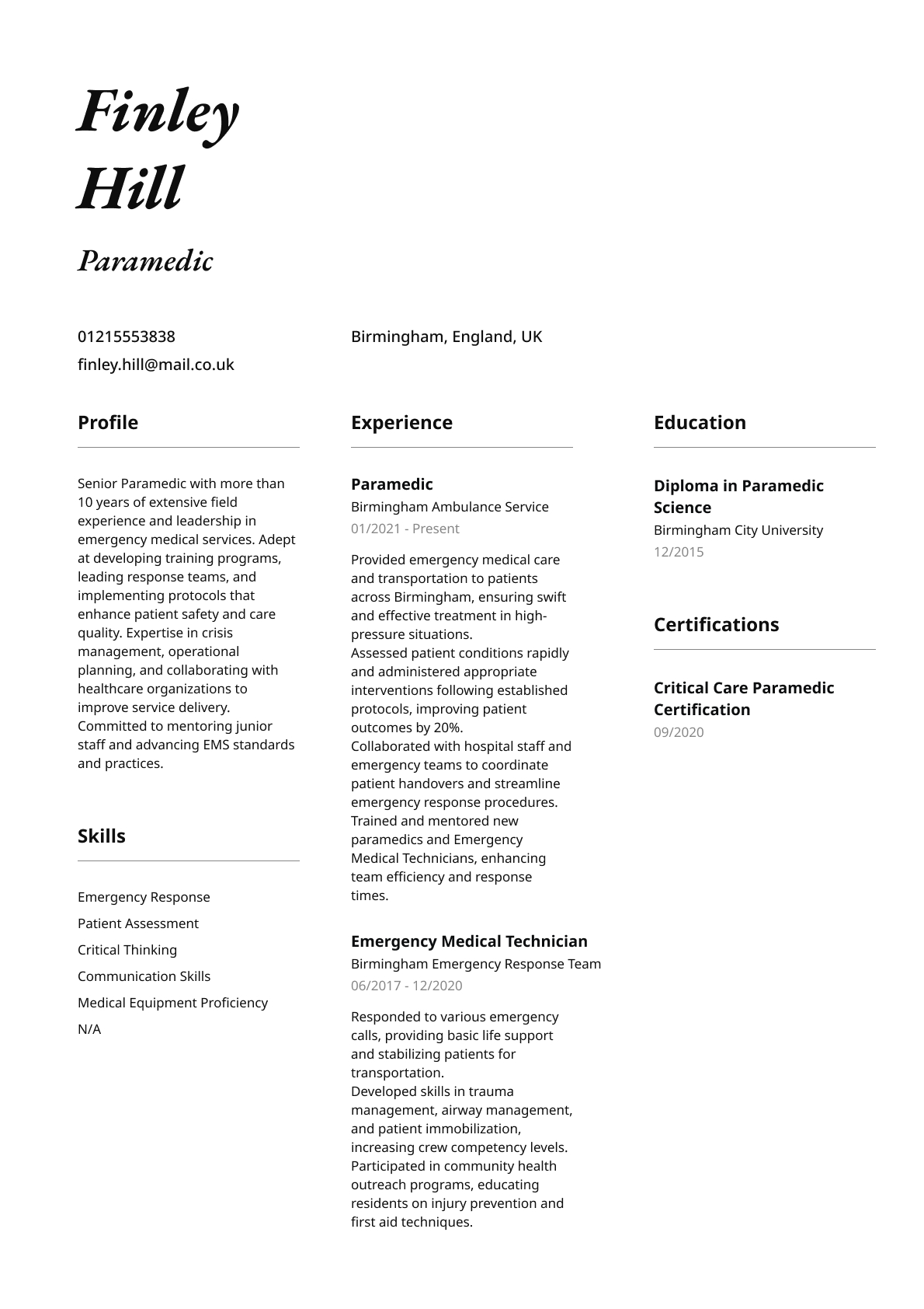 Paramedic resume template & examples