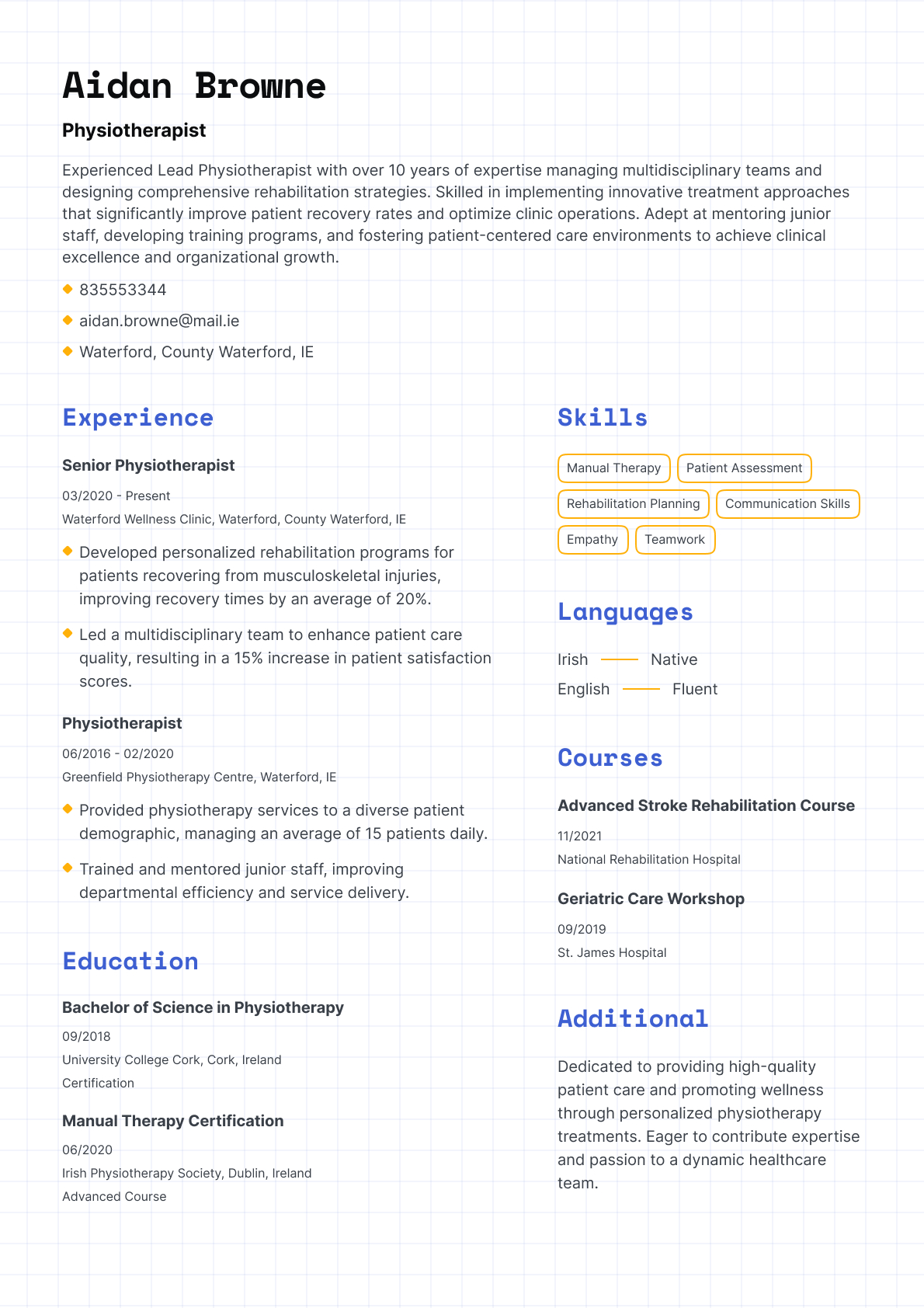 Physiotherapist resume template & examples