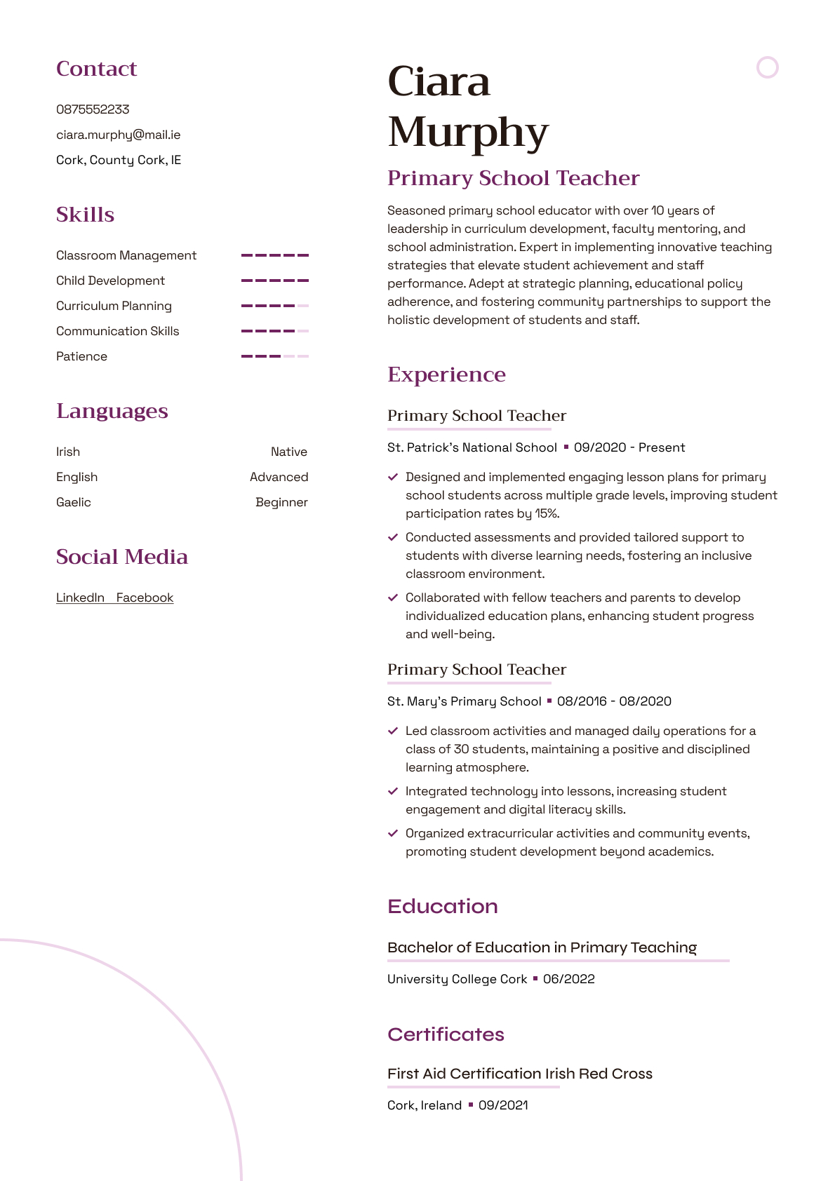 Primary School Teacher resume template & examples