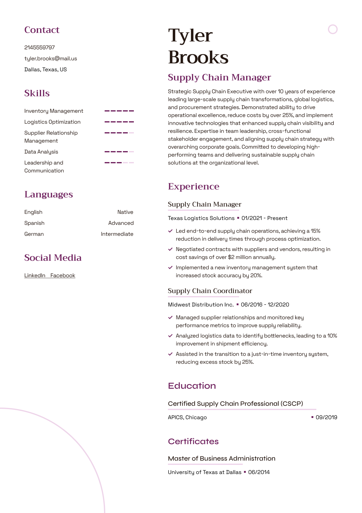 Supply Chain Manager resume template & examples